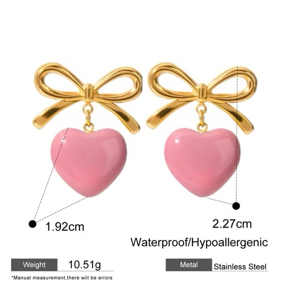 18k Gold Plated Bowknot Pink Heart Drip Oil Earrings - Picture 6 of 9